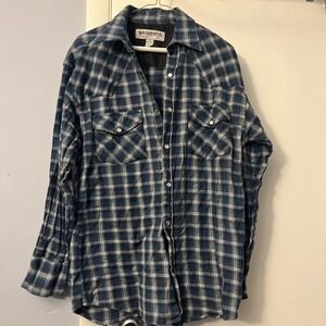 Wilderness Mens MEDIUM Blue Green Plaid Flannel Pearl Snap Western Long Sleeve